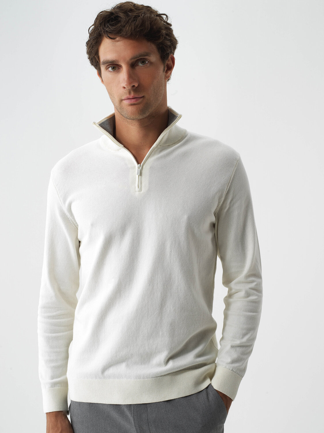 Ecru Cotton Textured Regular Fit Sweater - Xint