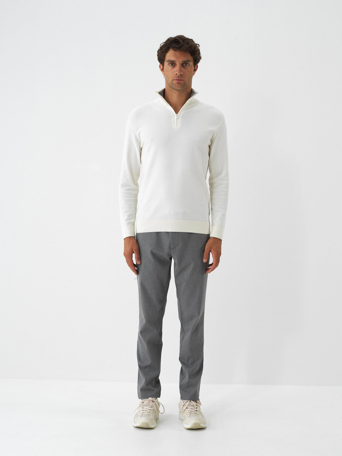 Ecru Cotton Textured Regular Fit Sweater - Xint