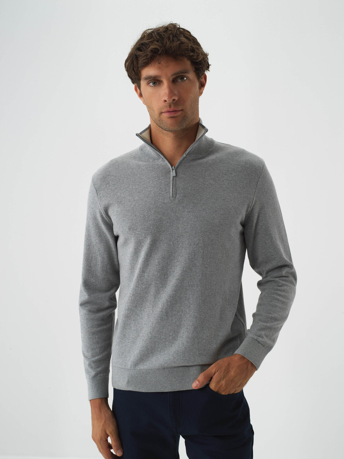 Gray Cotton Textured Regular Fit Sweater - Xint