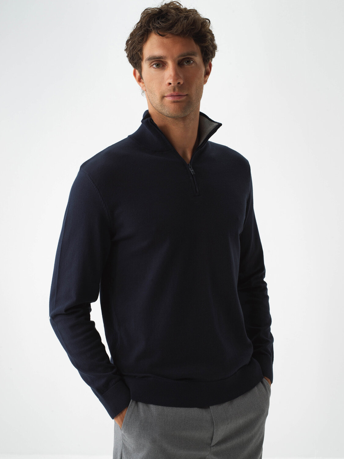 Navy Blue Cotton Textured Regular Fit Sweater - Xint