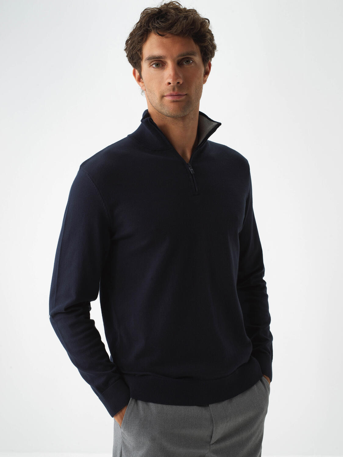 Navy Blue Cotton Textured Regular Fit Sweater