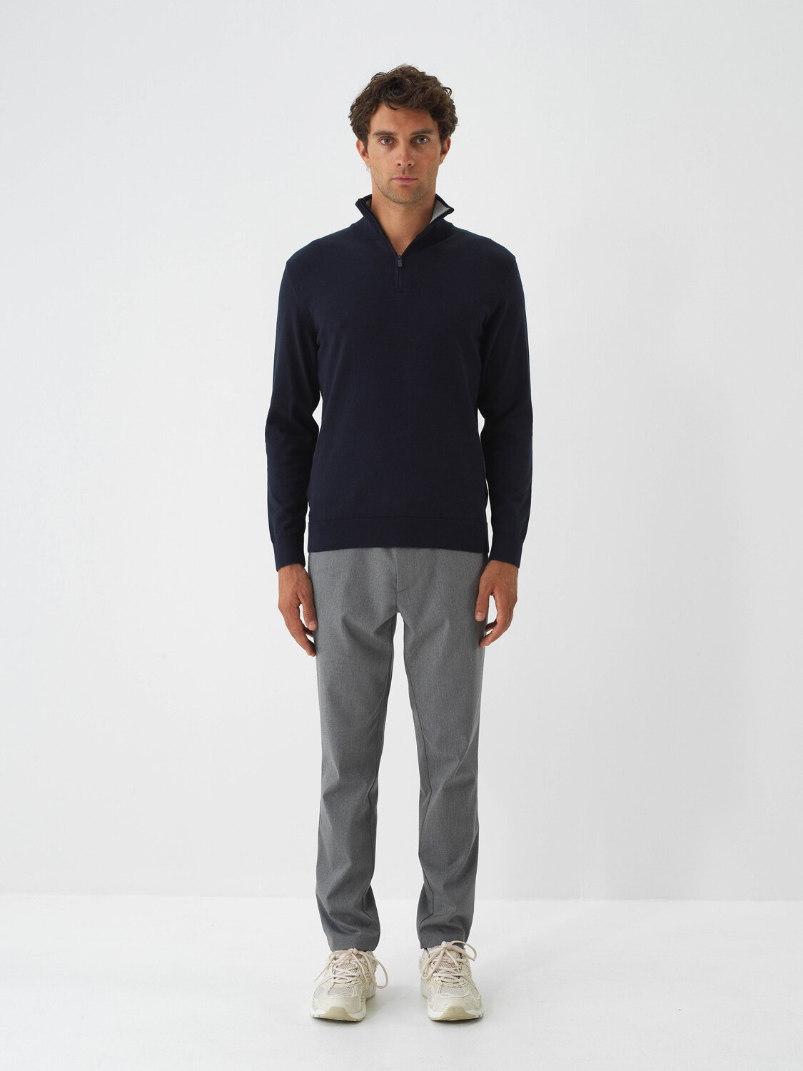 Navy Blue Cotton Textured Regular Fit Sweater - Xint