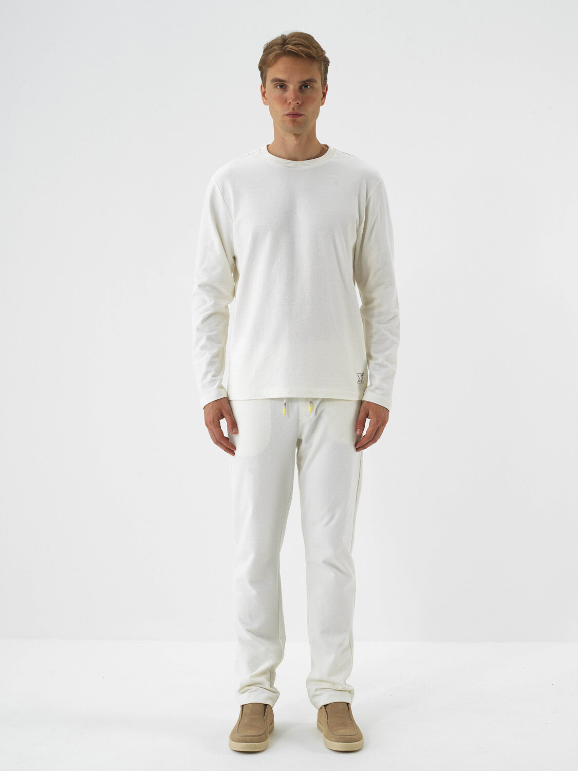 Ecru Cotton Textured Regular Fit Sweat Trousers - Xint