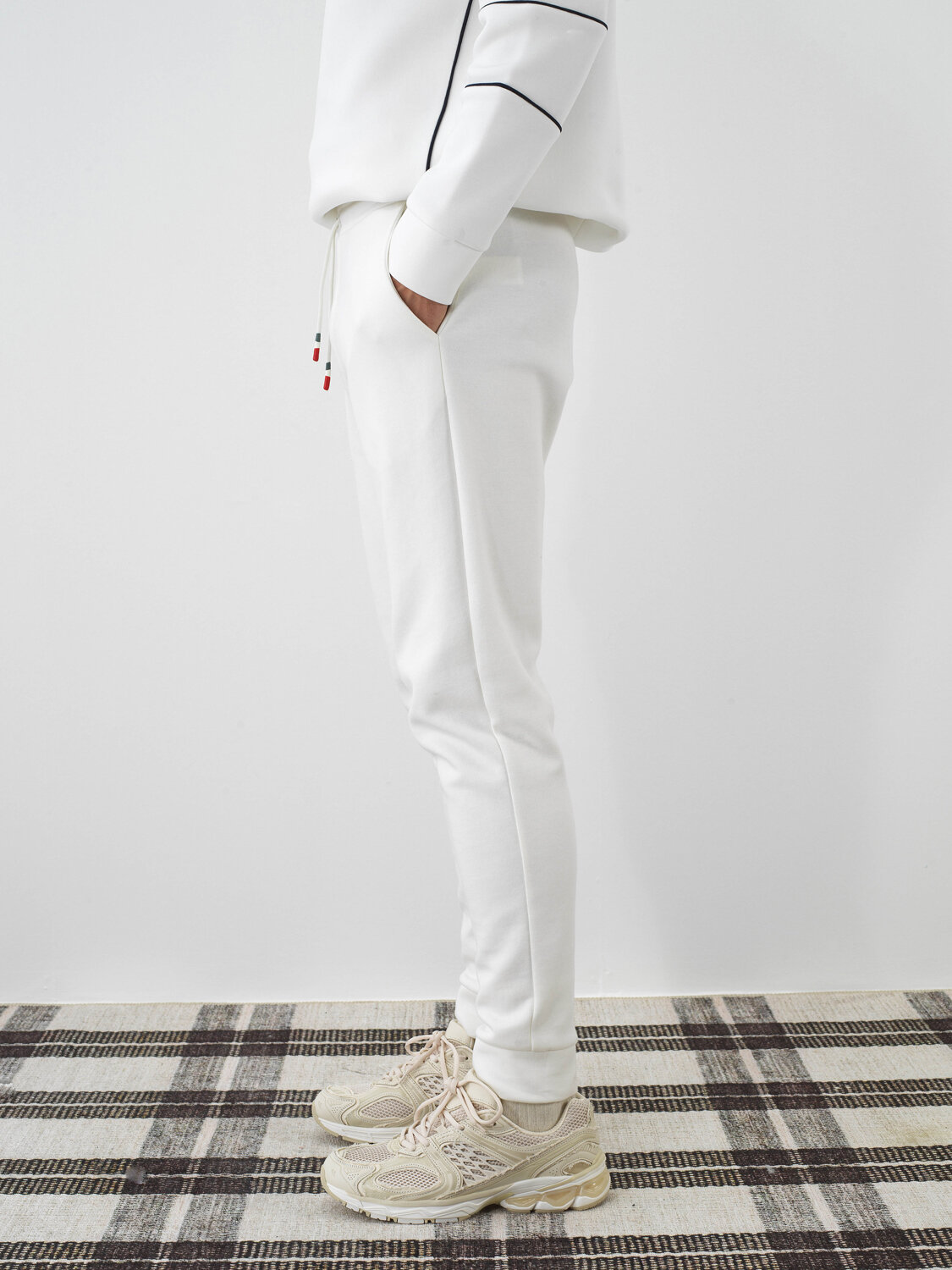 Ecru Cotton Textured Slim Fit Sweat Trousers - Xint