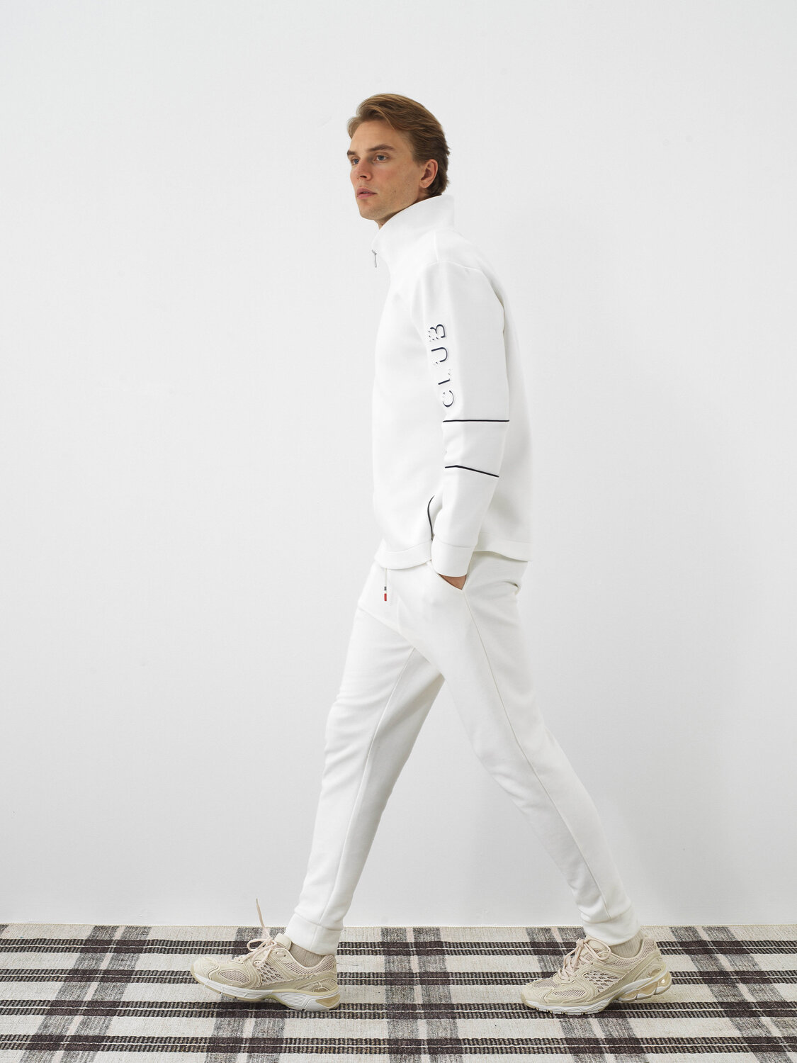 Ecru Cotton Textured Slim Fit Sweat Trousers - Xint