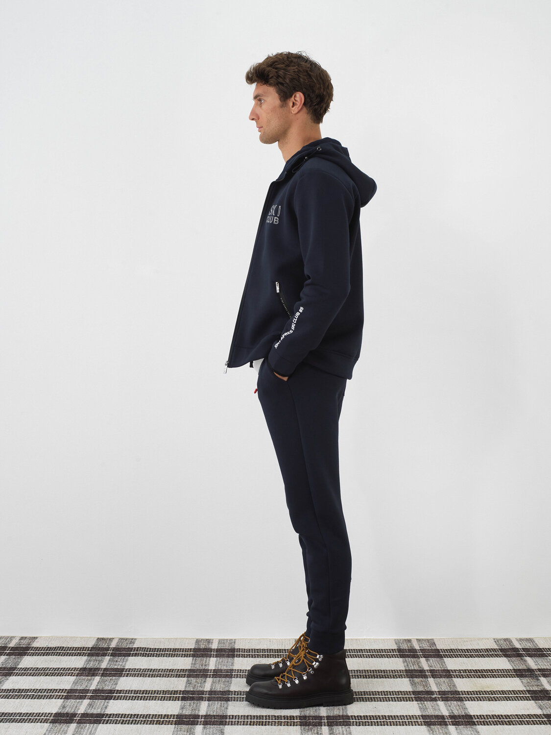 Navy Blue Cotton Textured Slim Fit Sweat Trousers - Xint