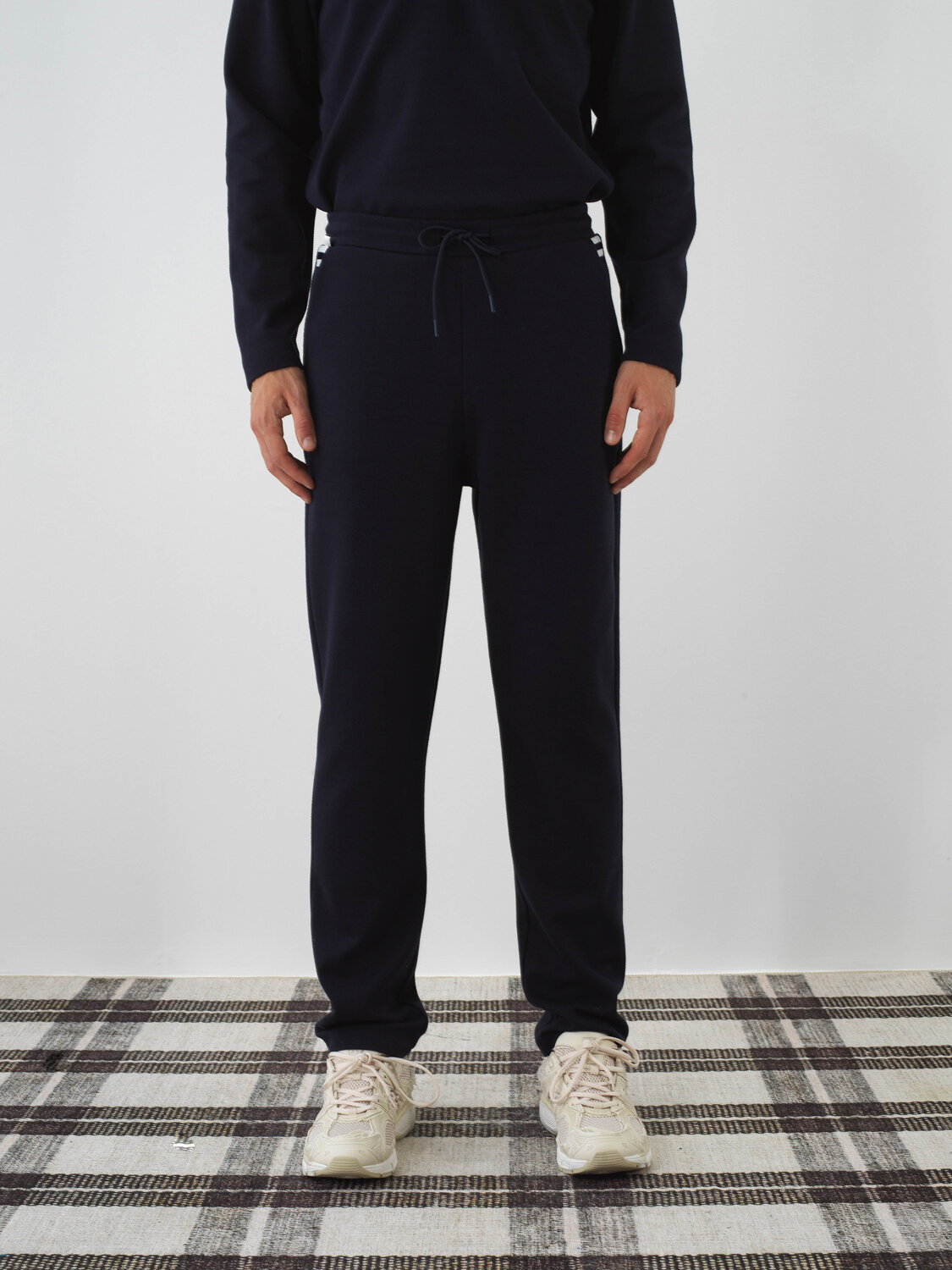 Navy Blue Cotton Textured Slim Fit Sweat Trousers - Xint