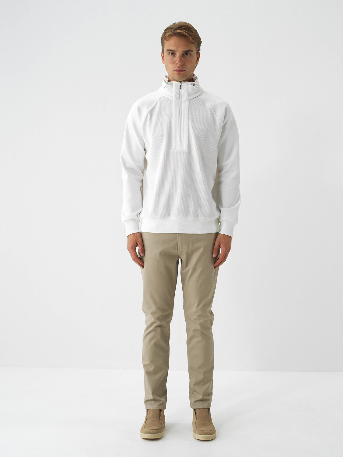 Ecru Cotton Textured Regular Fit Sweatshirt - Xint