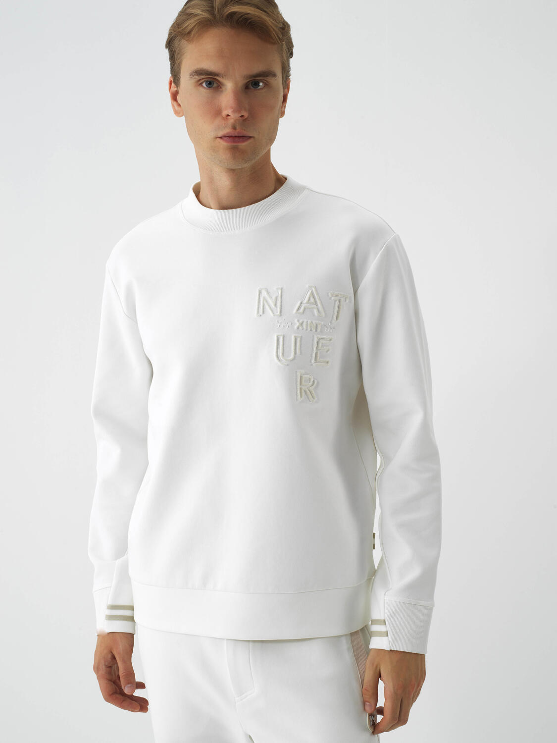 Ecru Cotton Textured Regular Fit Sweatshirt