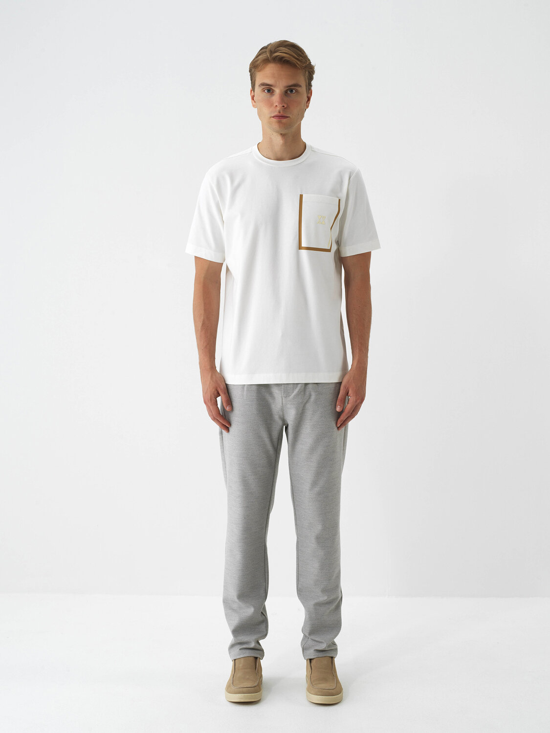 Ecru Cotton Textured Regular Fit T-Shirt - Xint