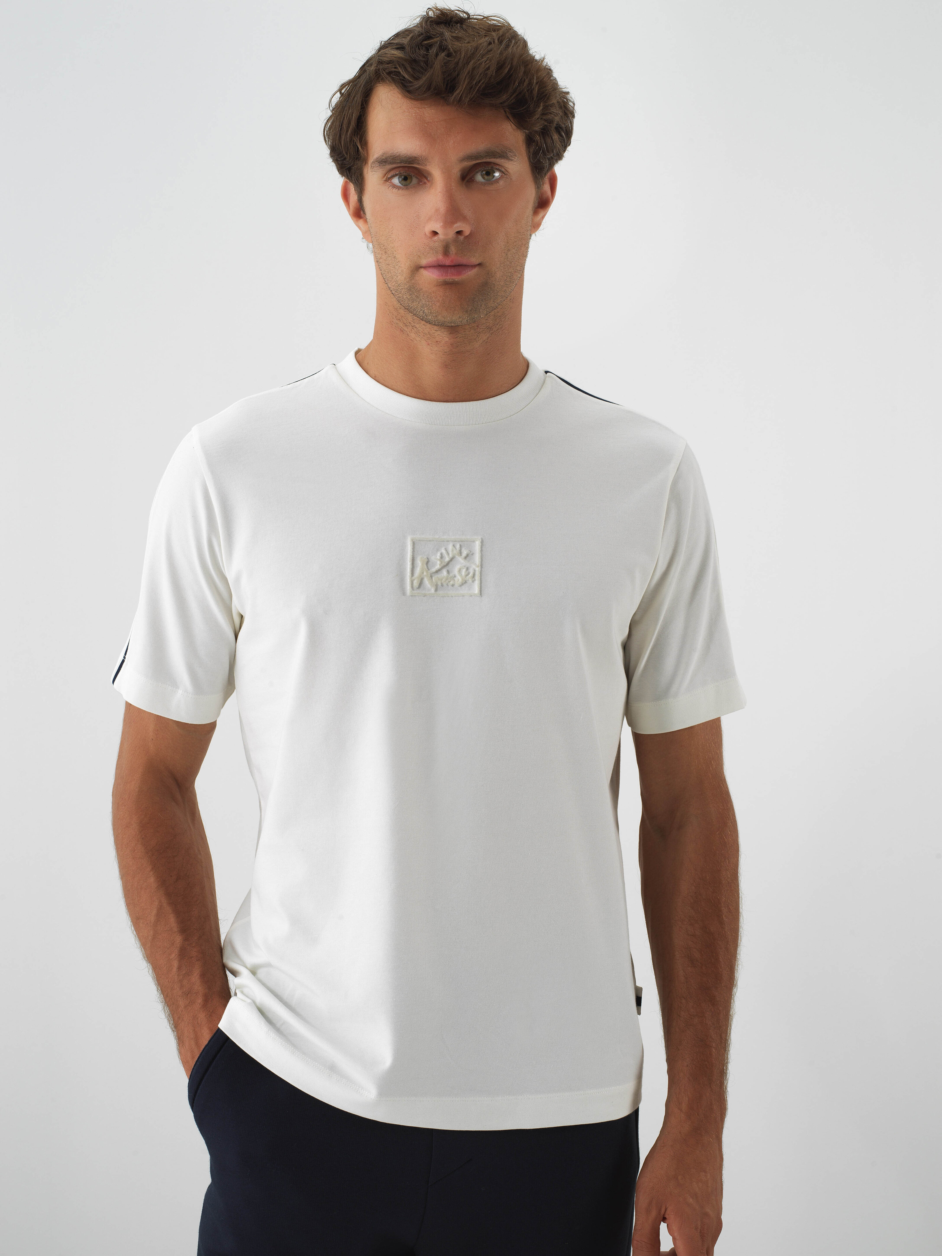 Ecru Cotton Textured Regular Fit T-Shirt - Xint