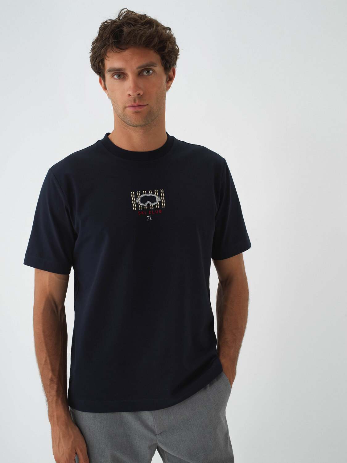 Navy Blue Cotton Textured Regular Fit T-Shirt - Xint