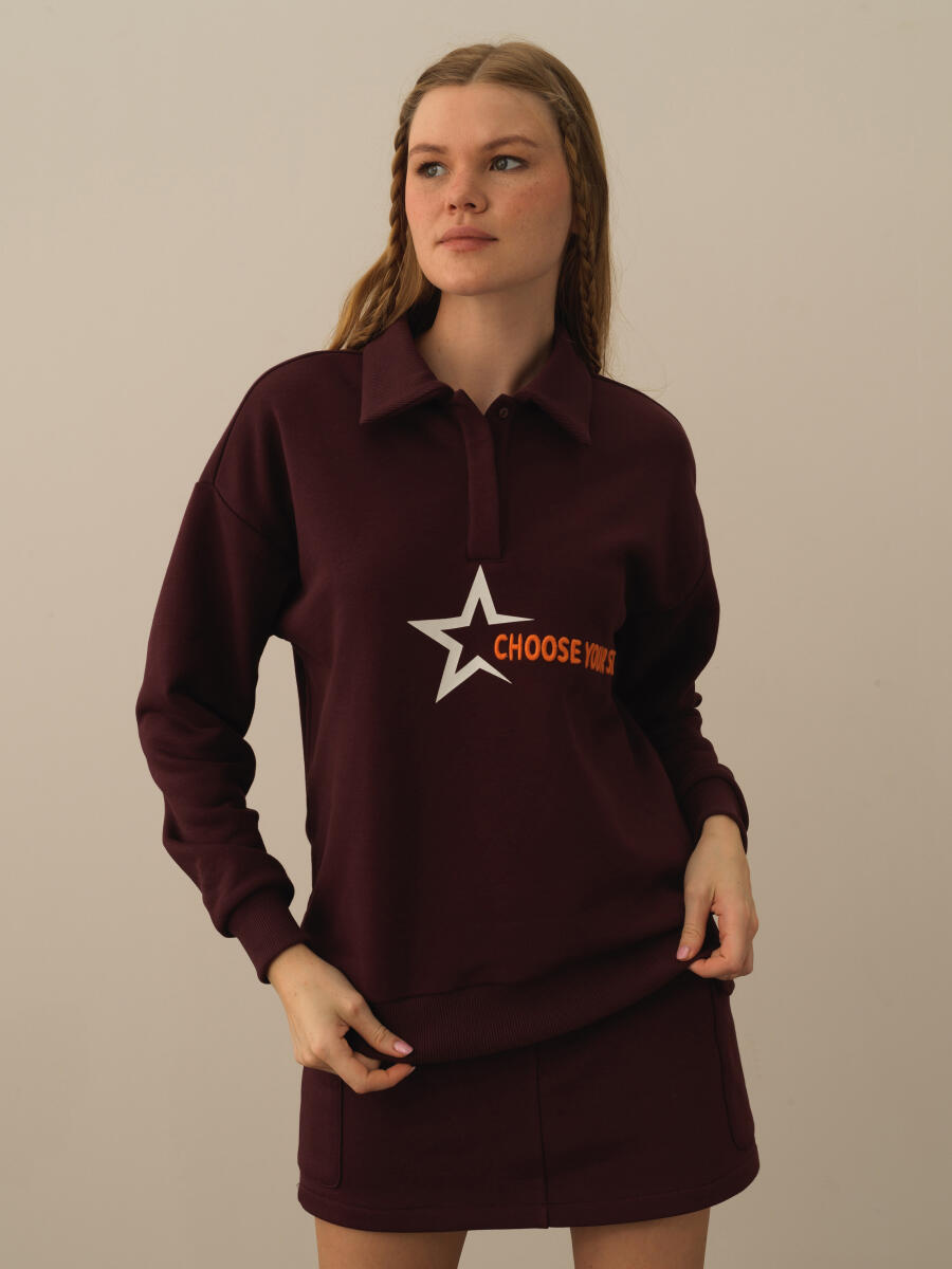 Bordo Oversize Baskılı Sweatshirt - 1