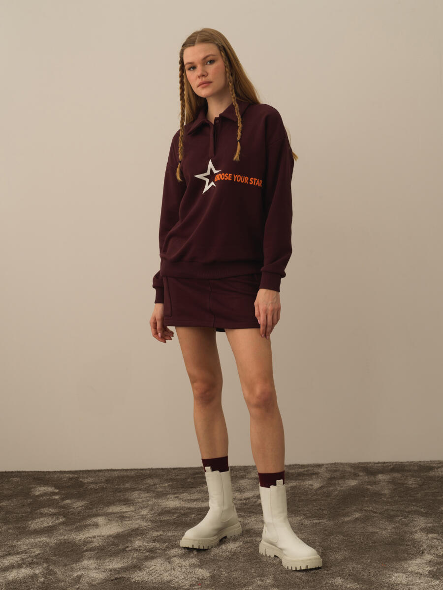 Bordo Oversize Baskılı Sweatshirt - 2