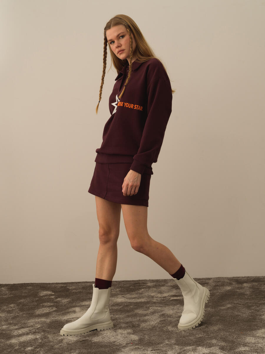 Bordo Oversize Baskılı Sweatshirt - 3