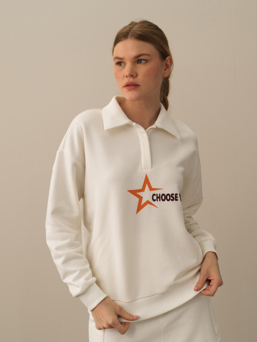 Ekru Oversize Baskılı Sweatshirt - 1