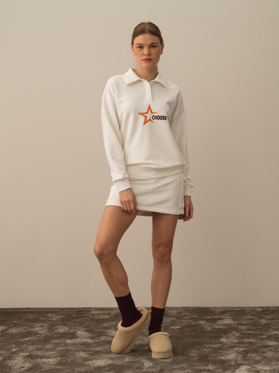 Ekru Oversize Baskılı Sweatshirt - 2