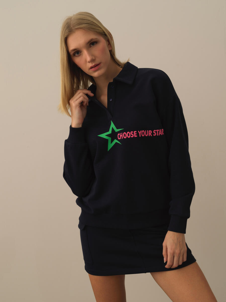 Lacivert Oversize Baskılı Sweatshirt - 1