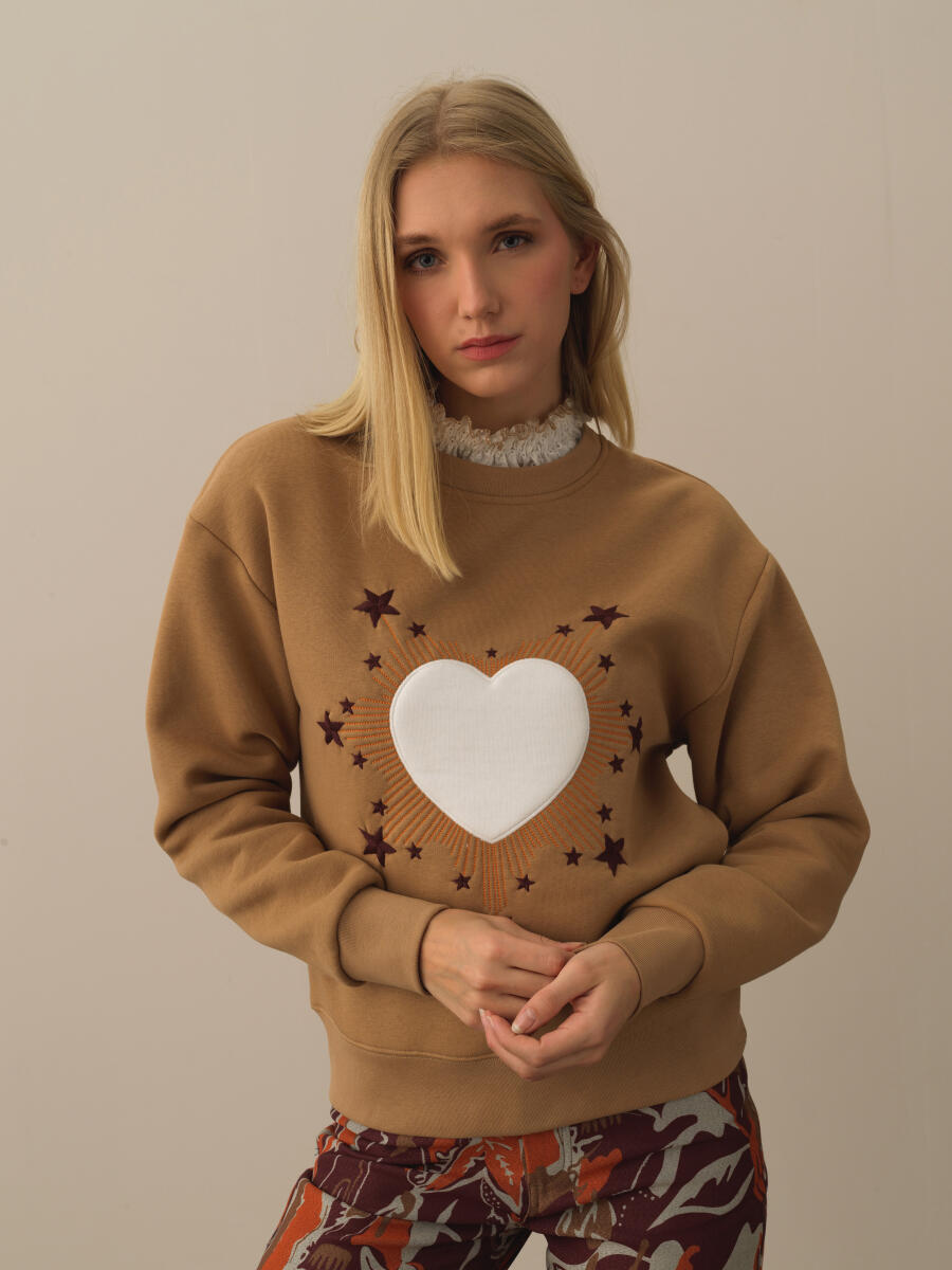 Camel Oversize Desenli Sweatshirt - 1