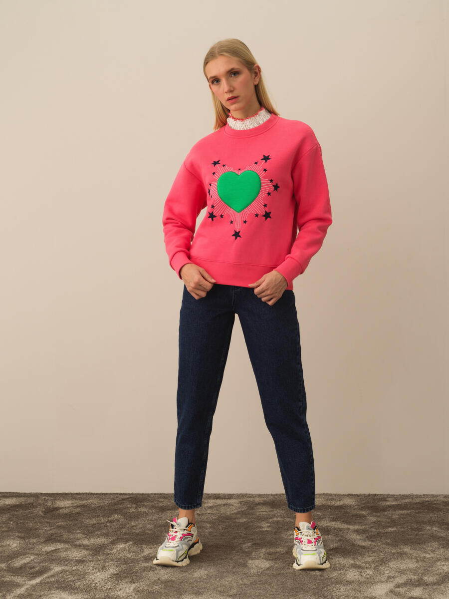 Pembe Oversize Desenli Sweatshirt - 2