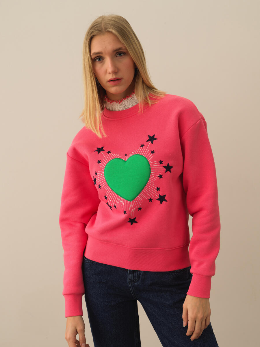 Pembe Oversize Desenli Sweatshirt - 1