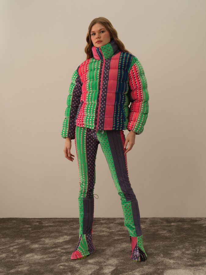 Stand Collar Oversized Panel Printed Puffer Jacket - Xint