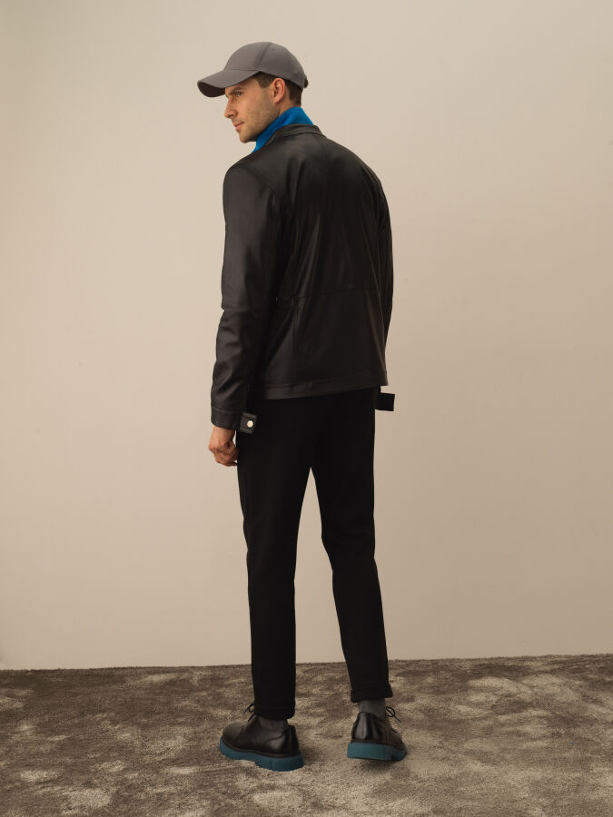 Stand Collar Regular Fit Leather-Look Jacket - Xint