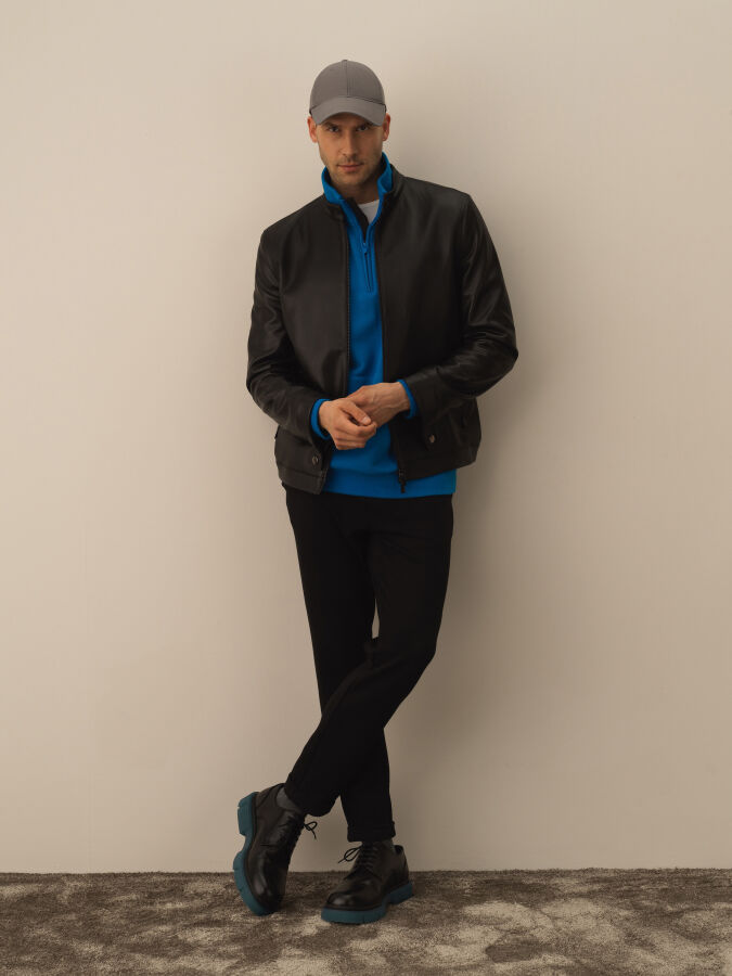 Stand Collar Regular Fit Leather-Look Jacket - Xint