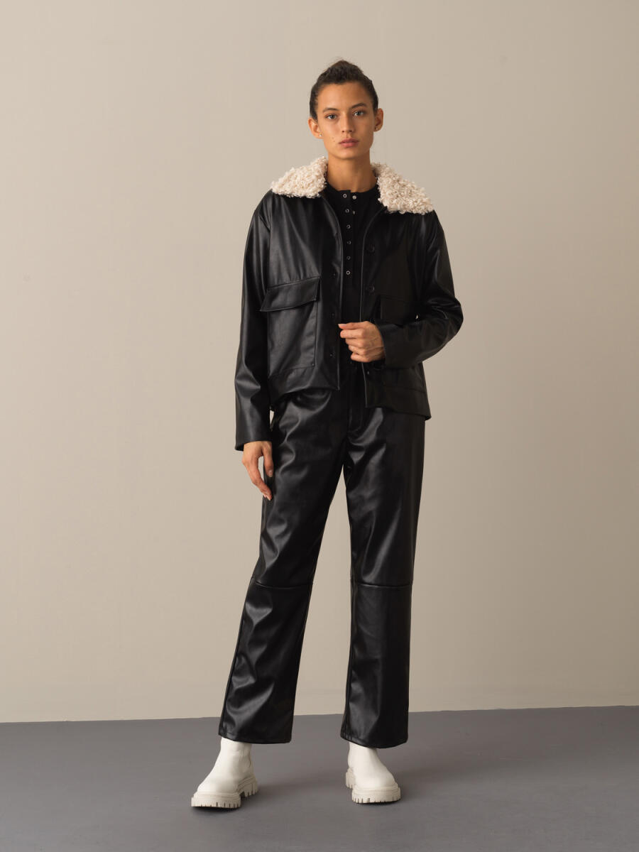 Fur-Collared Leather-Look Oversized Jacket