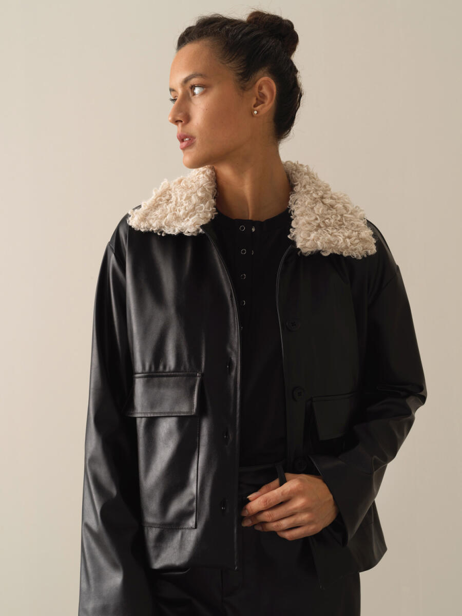 Fur-Collared Leather-Look Oversized Jacket - 3