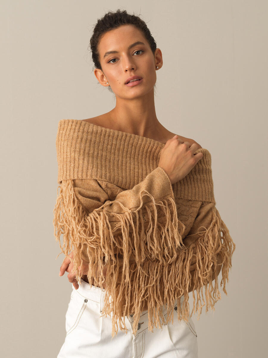Oversized Sweater with Fringed Sleeves