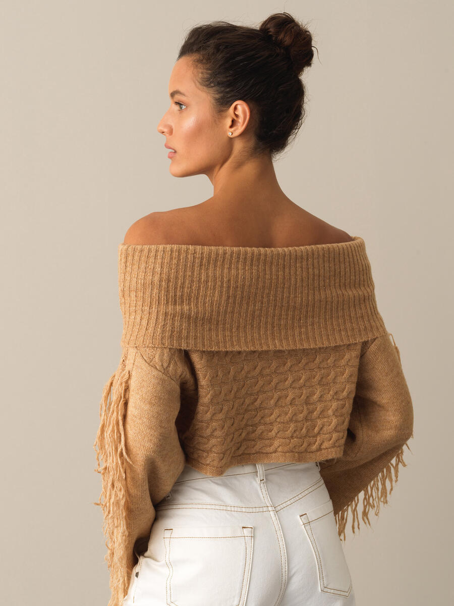 Oversized Sweater with Fringed Sleeves - 5