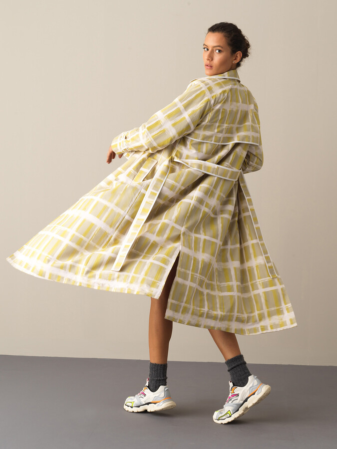 Waist-Tied Regular Fit Patterned Trench Coat - Xint