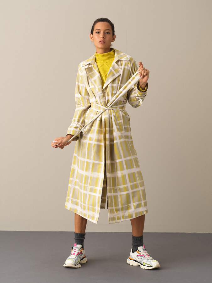 Waist-Tied Regular Fit Patterned Trench Coat - Xint