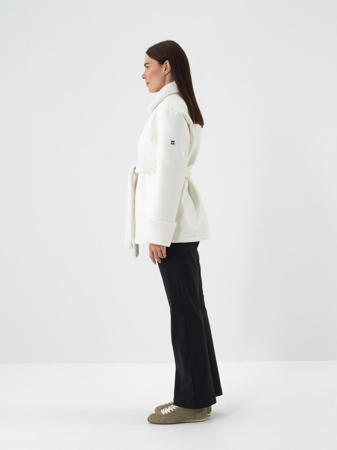 Ecru Leather Look Oversize Coat - 3