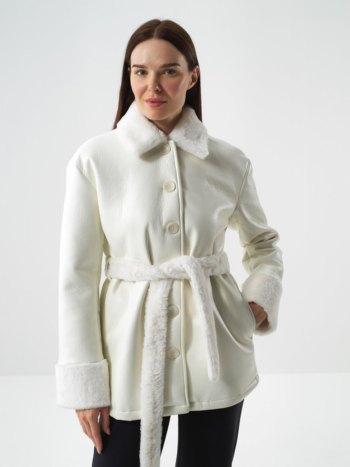 Ecru Leather Look Oversize Coat - Xint