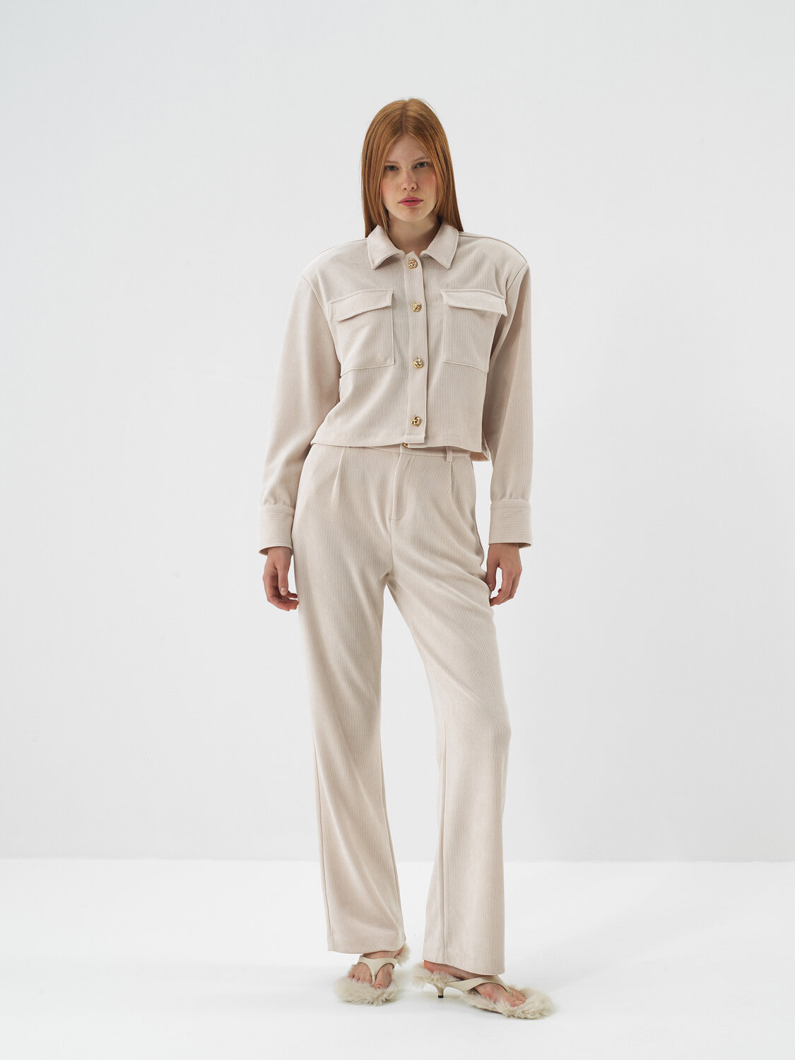 Beige Luxury Textured Soft Velvet Regular Fit Jacket - Xint