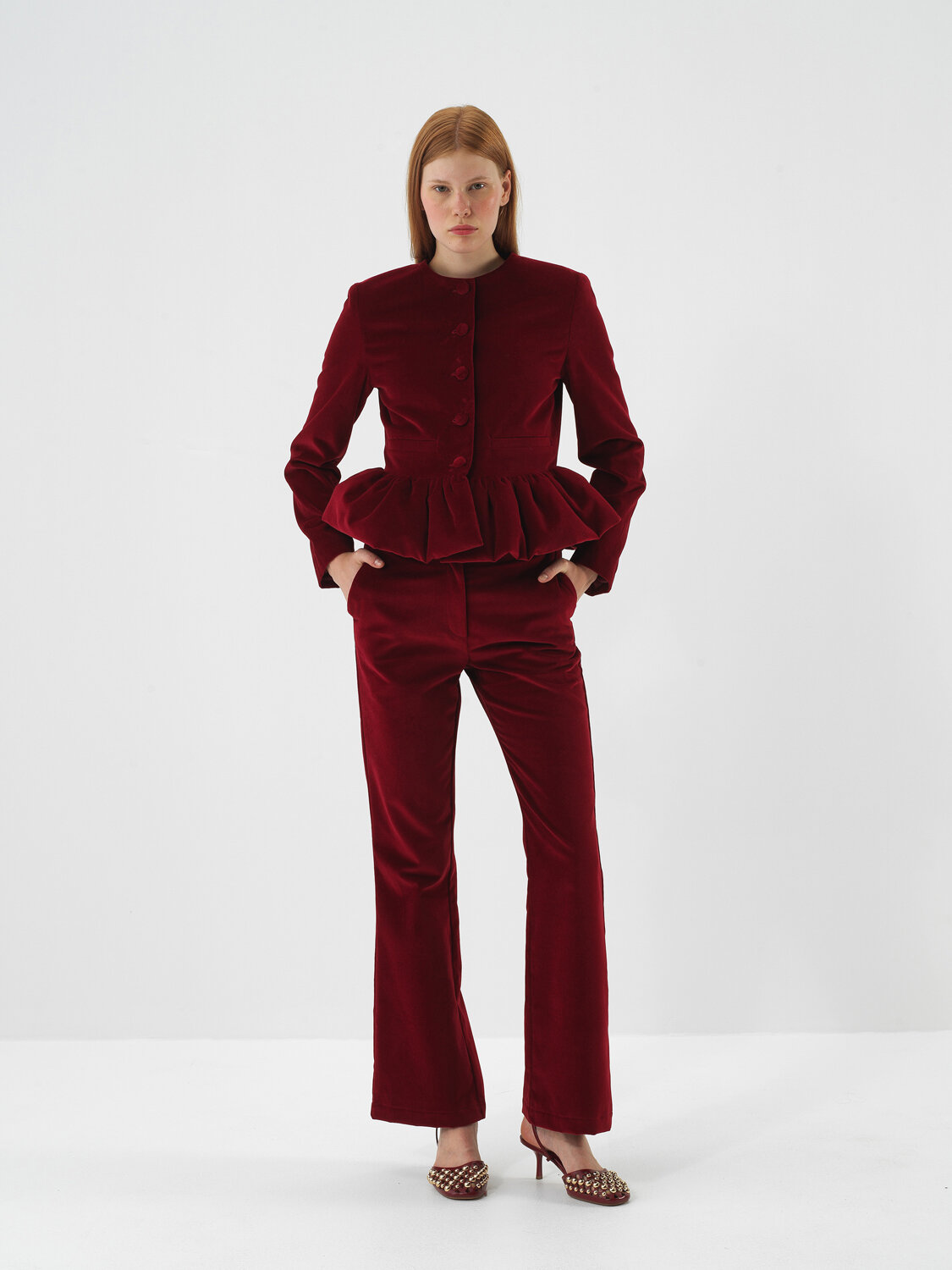 Burgundy Luxury Textured Soft Velvet Regular Fit Jacket - Xint