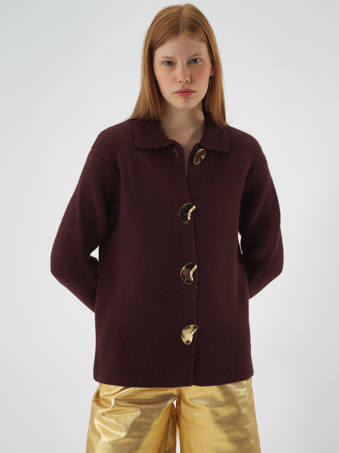Burgundy Natural Wool Textured Oversize Jacket - Xint