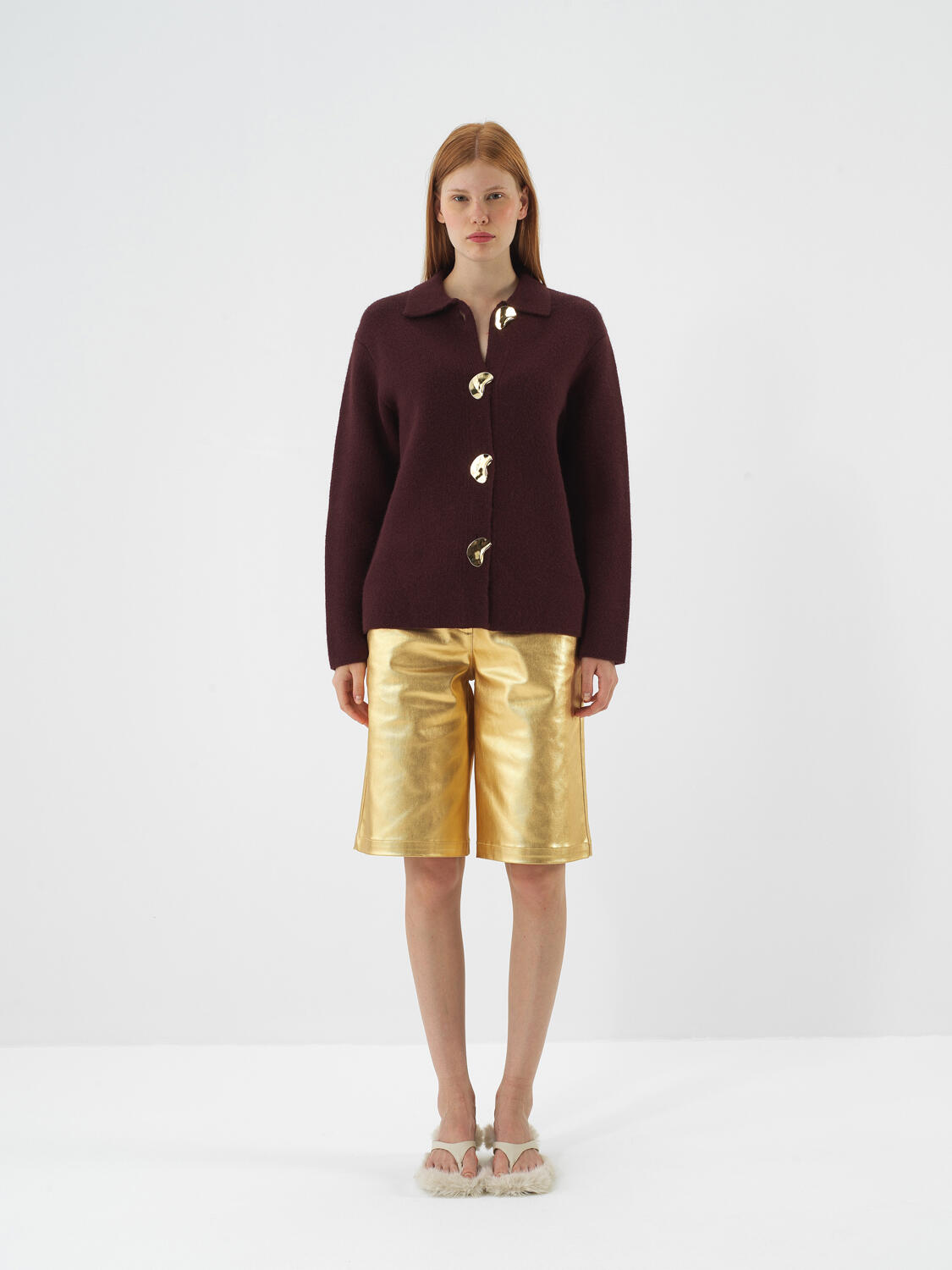 Burgundy Natural Wool Textured Oversize Jacket - 2