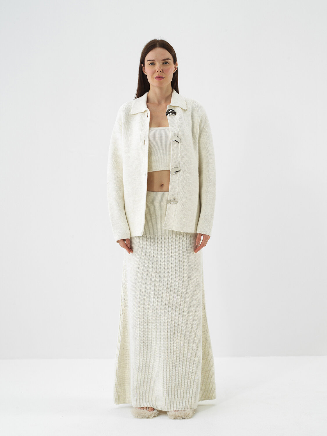 Ecru Natural Wool Textured Oversize Jacket - Xint