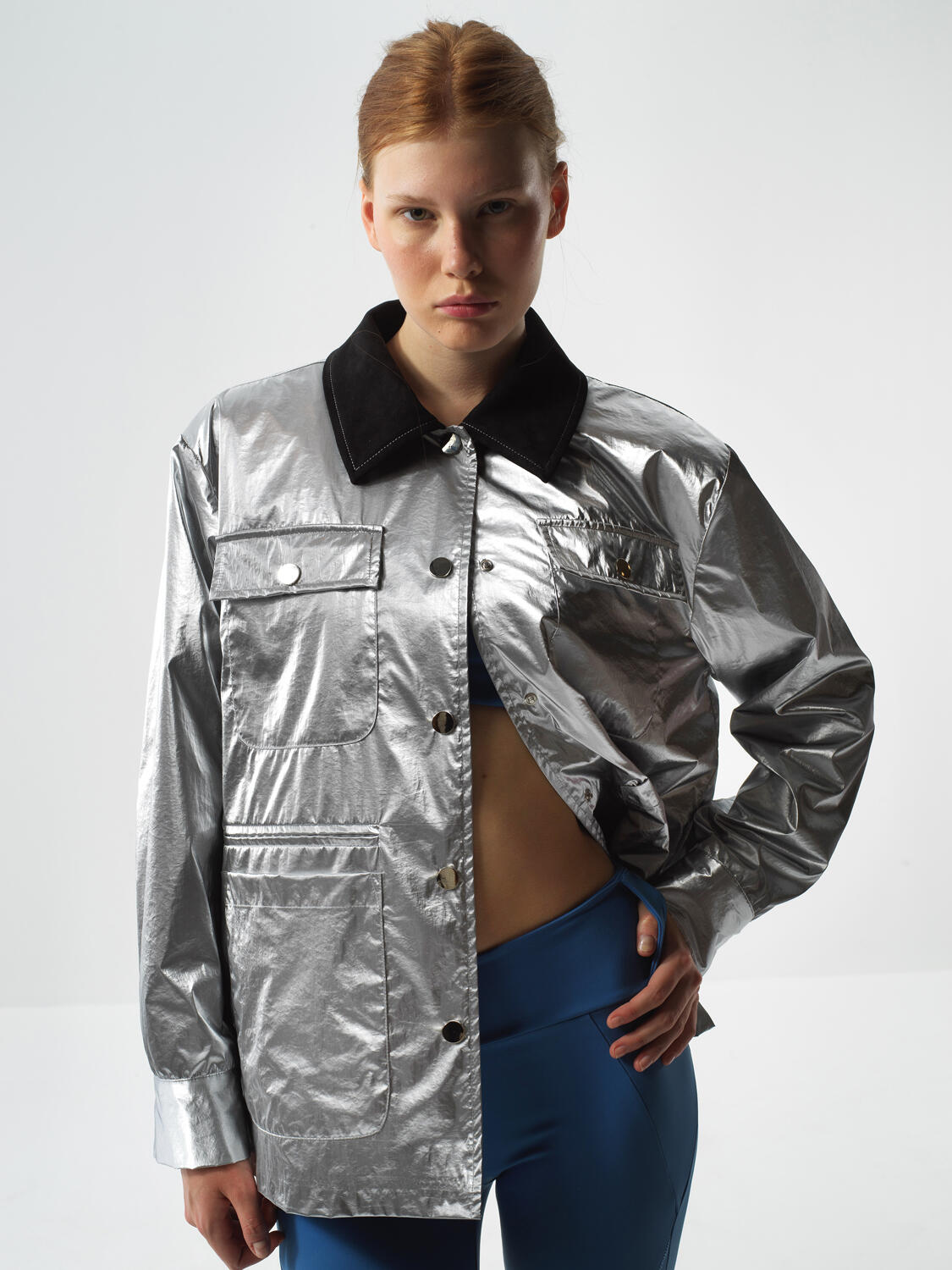 Gray Metallic Shiny Textured Oversize Jacket - 2