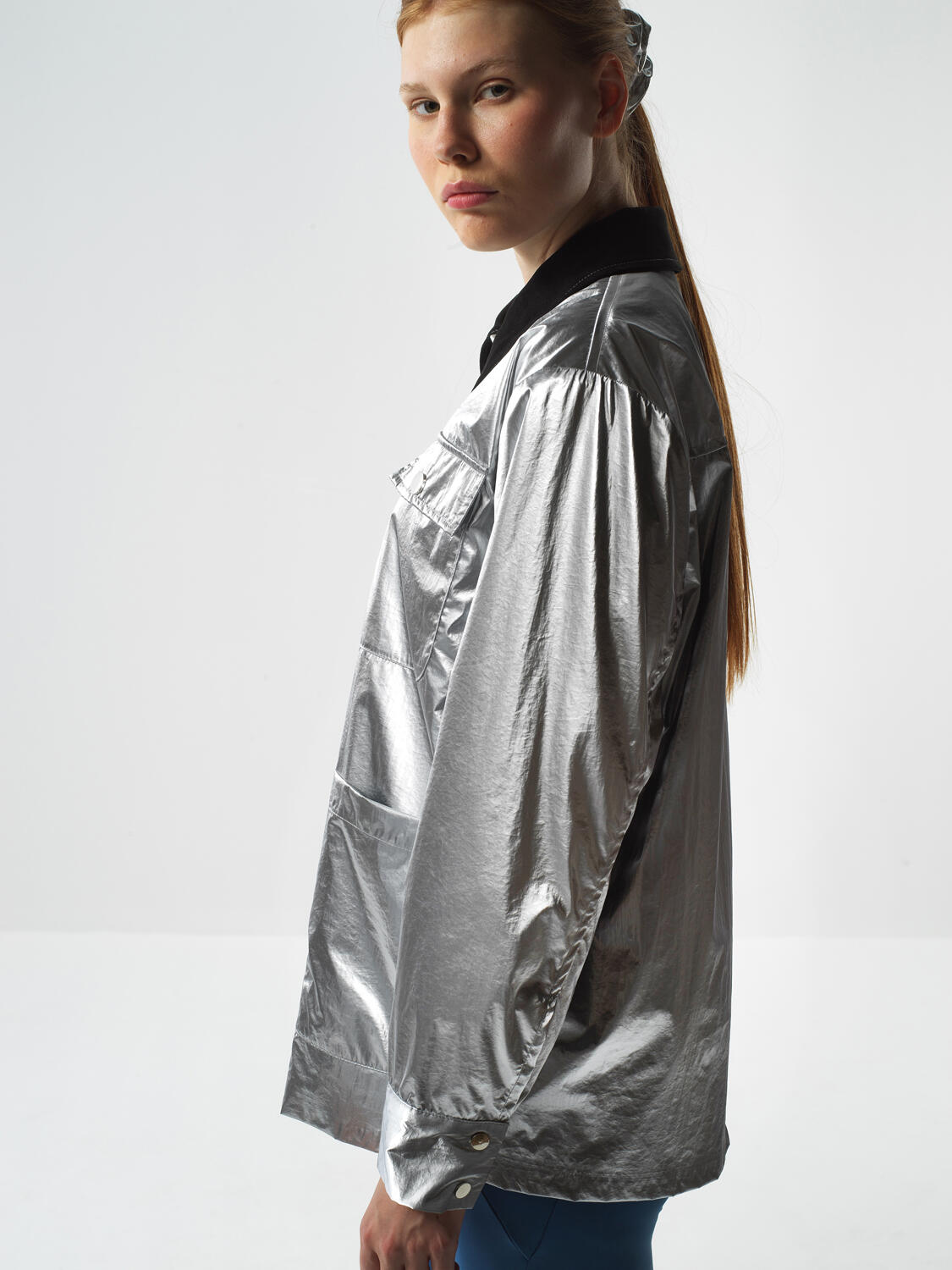 Gray Metallic Shiny Textured Oversize Jacket - 4