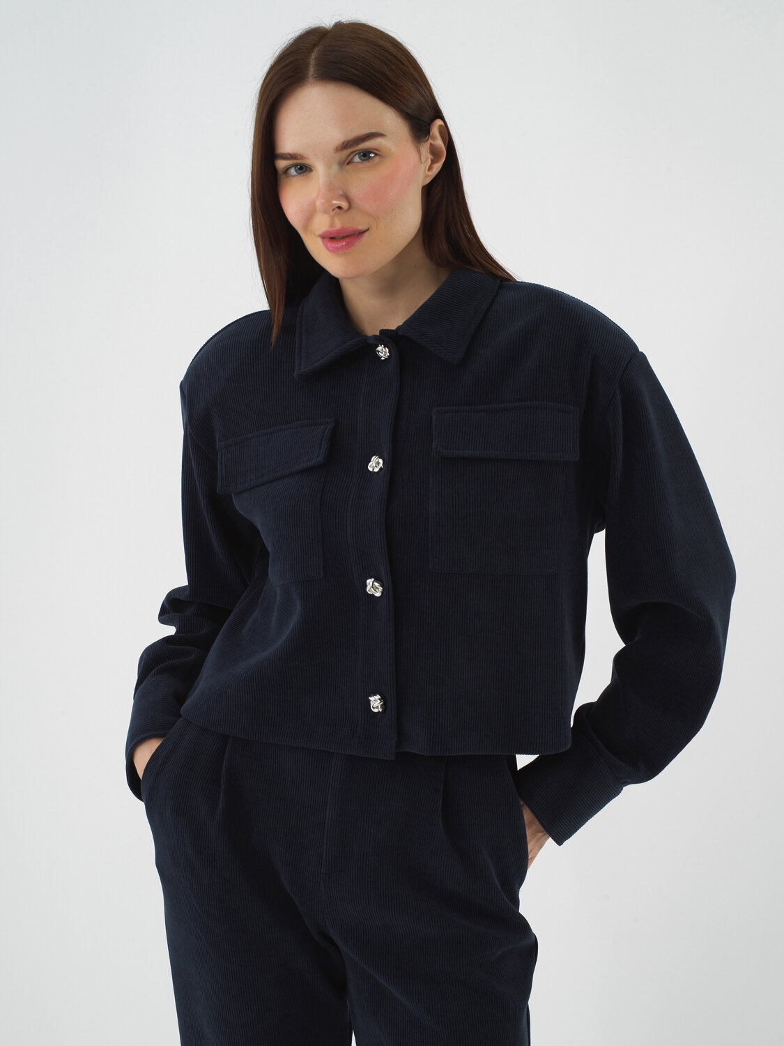 Navy Blue Luxurious Textured Soft Velvet Regular Fit Jacket - Xint