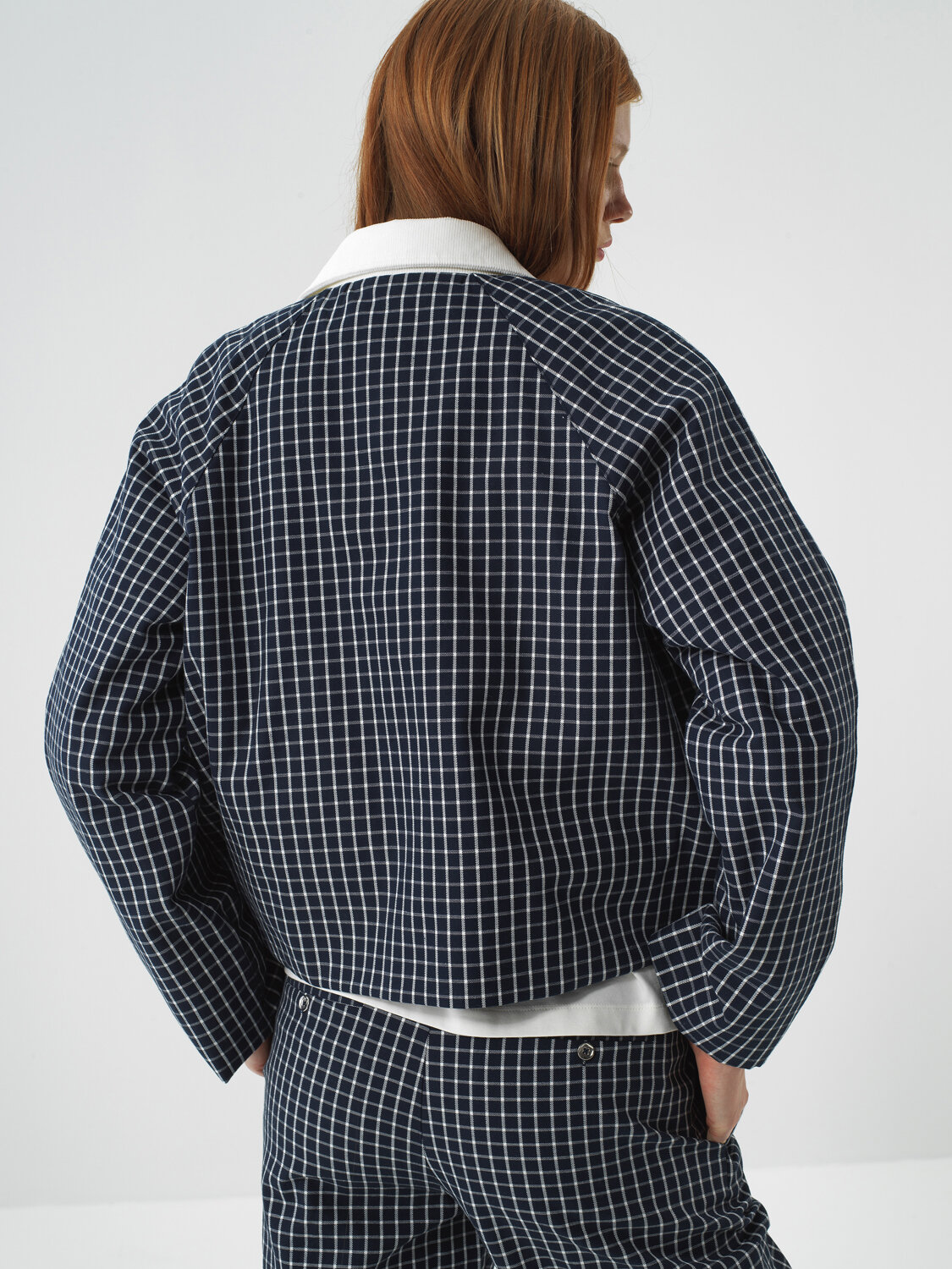 Navy Blue Modern Plaid Oversized Jacket - Xint