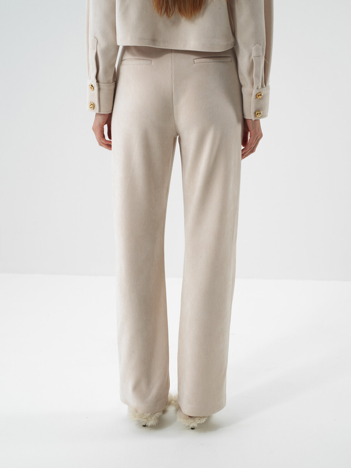 Beige Luxury Textured Soft Velvet Regular Fit Trousers - Xint