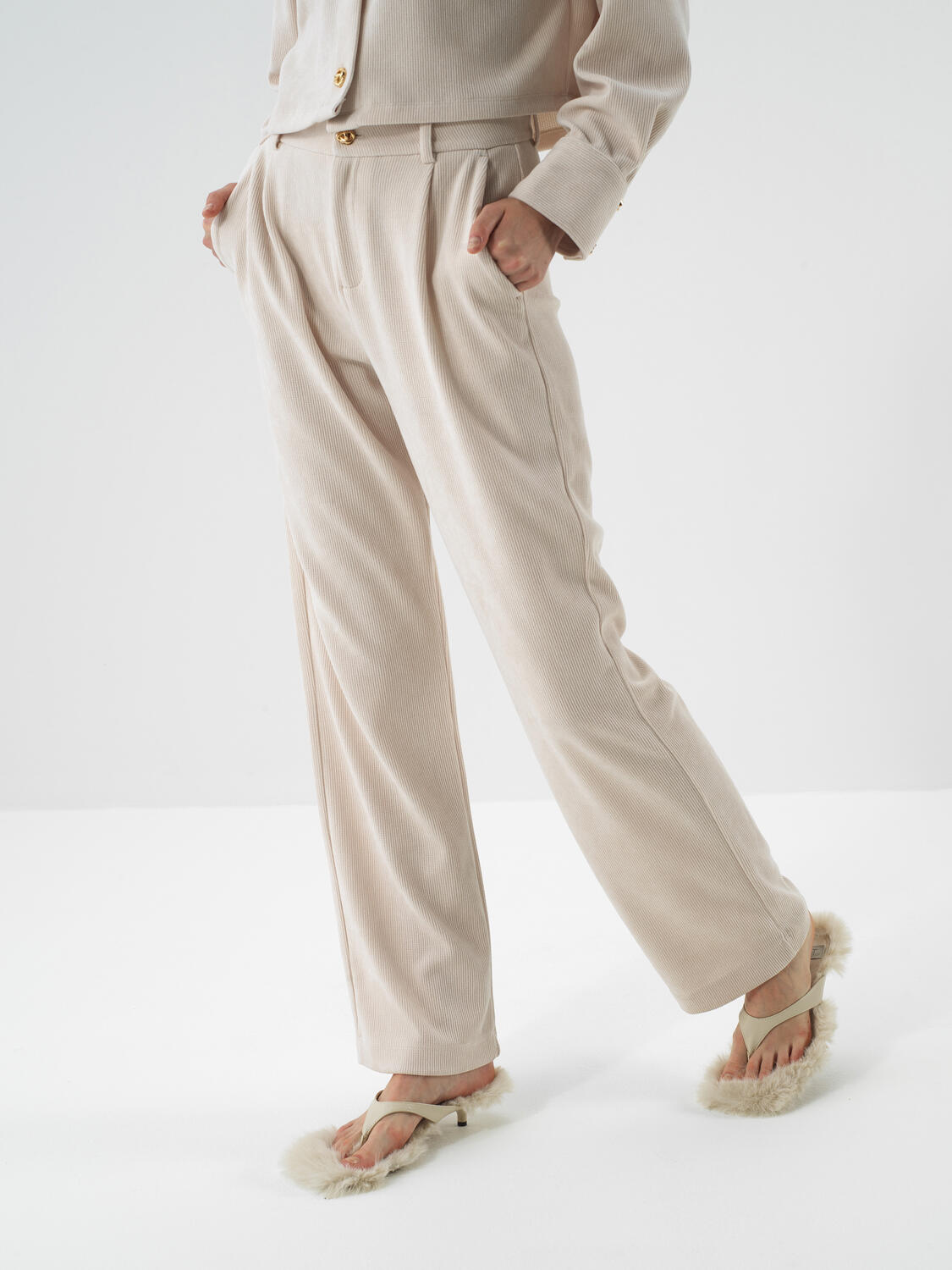Beige Luxury Textured Soft Velvet Regular Fit Trousers