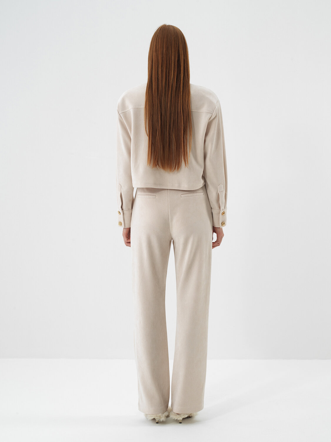 Beige Luxury Textured Soft Velvet Regular Fit Trousers - Xint