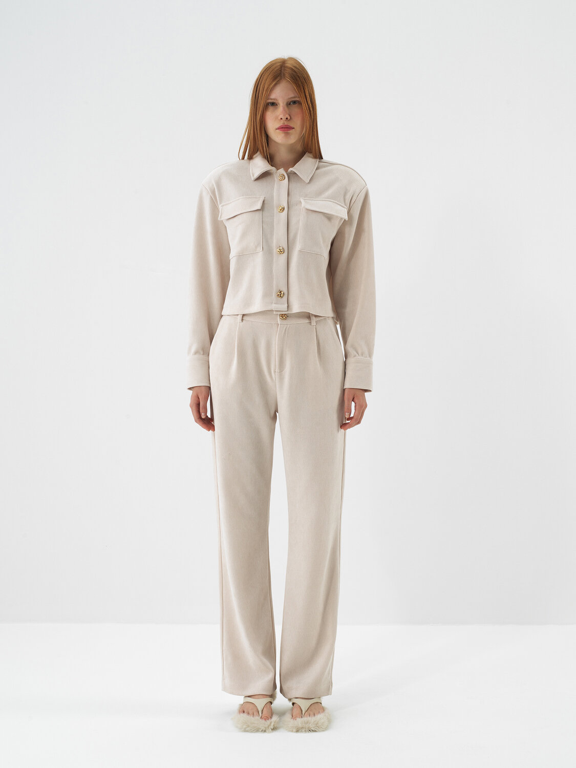 Beige Luxury Textured Soft Velvet Regular Fit Trousers - Xint