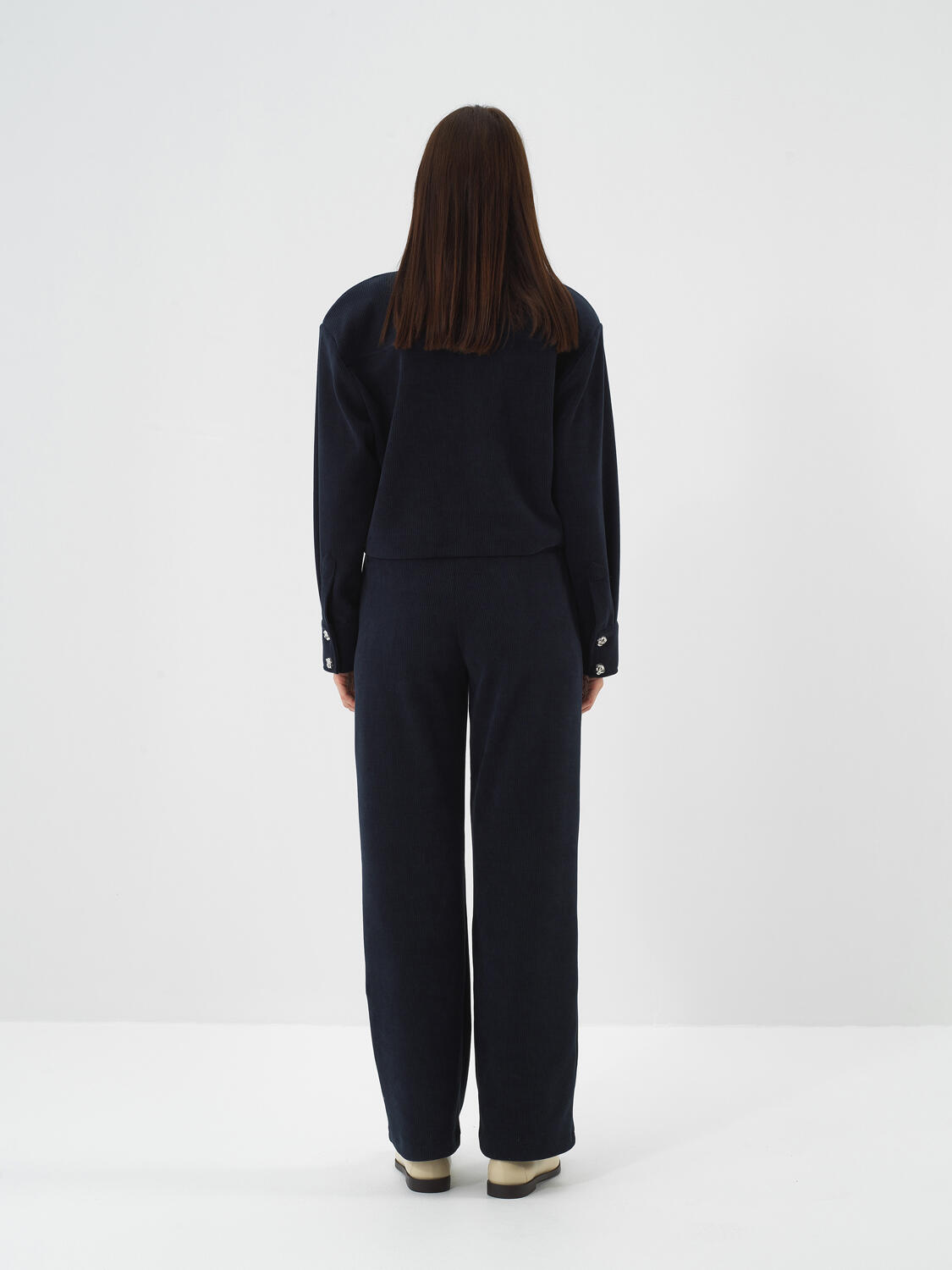 Navy Blue Luxury Textured Soft Velvet Regular Fit Trousers - 5